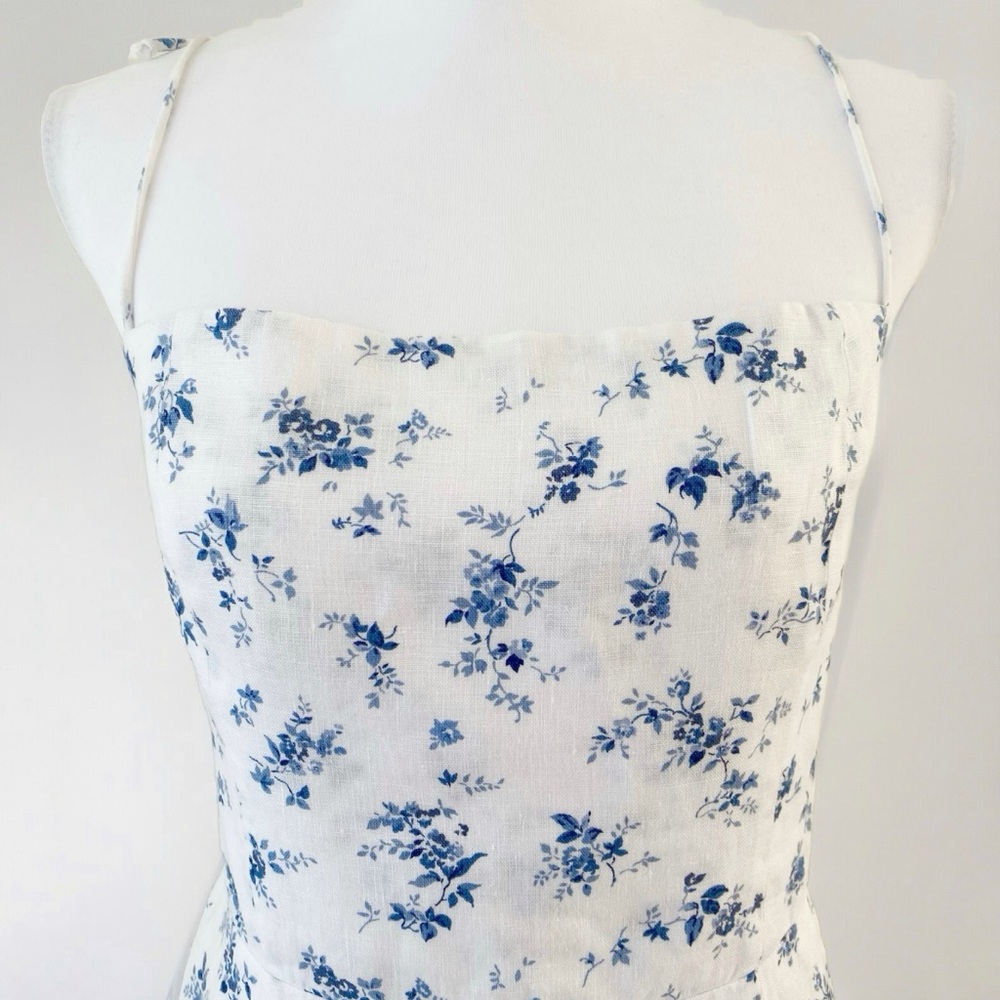 Reformation christen white blue Floral Print square neck tie straps Midi Dress - Picture 4 of 15